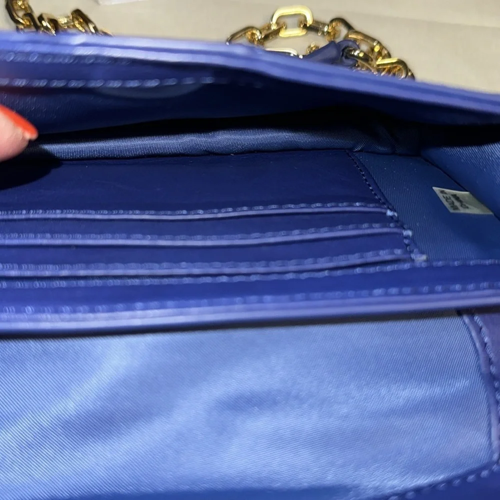 Tory Burch Blue Leather Mini Crossbody with Pink Bow and Gold Chain